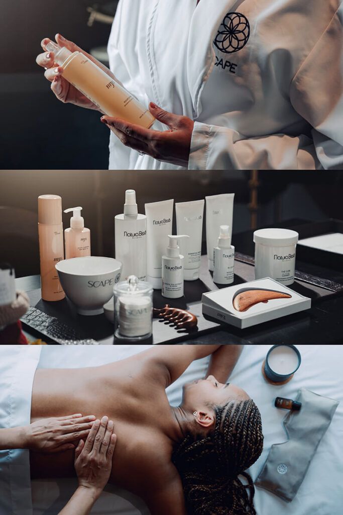 Persona sosteniendo un producto para el cuidado de la piel, una variedad de productos sobre una mesa, persona recibiendo un masaje de espalda.