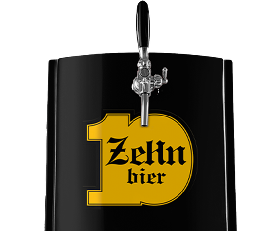 Um barril preto com uma torneira de cerveja presa a ele.