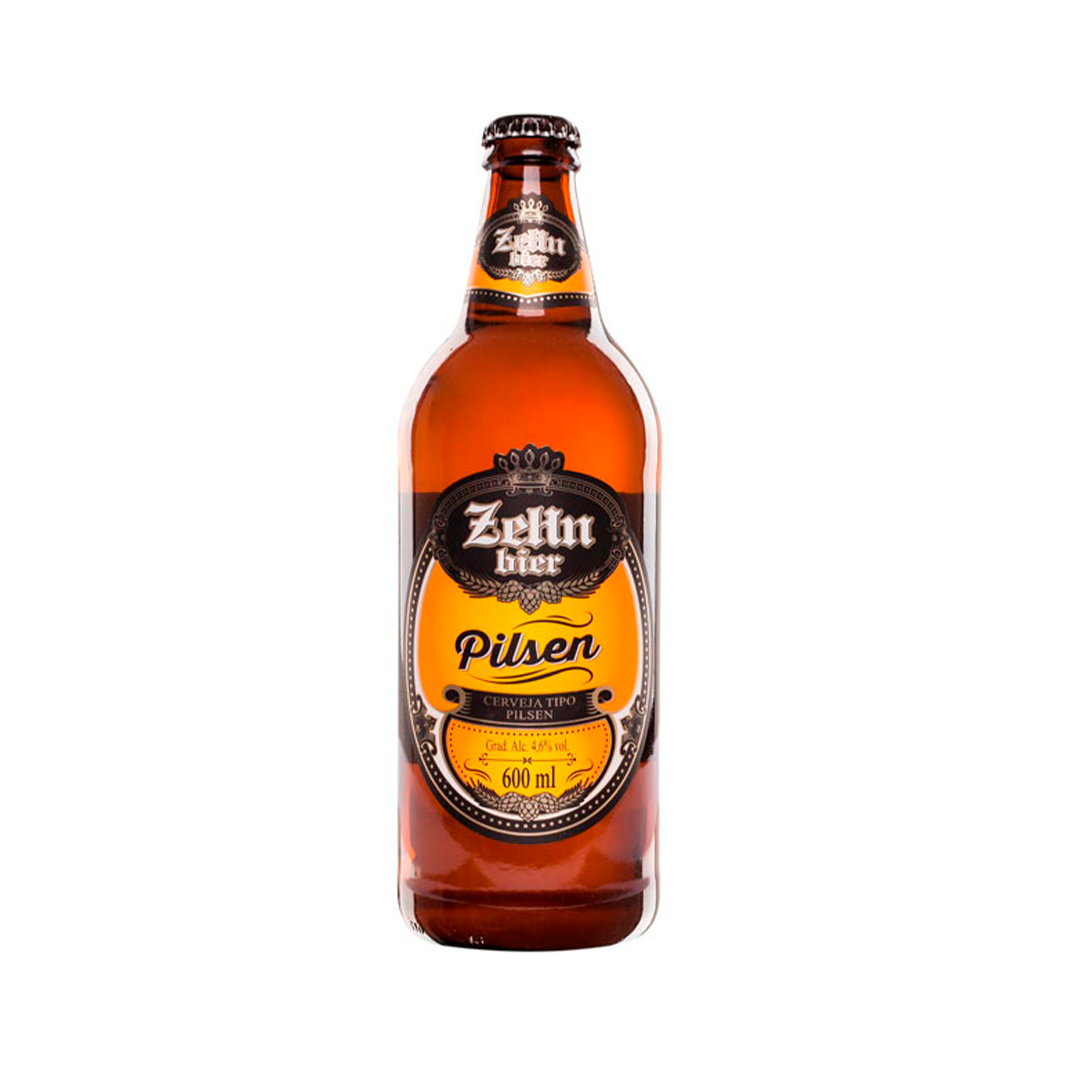 Uma garrafa de cerveja com rótulo amarelo sobre fundo branco.