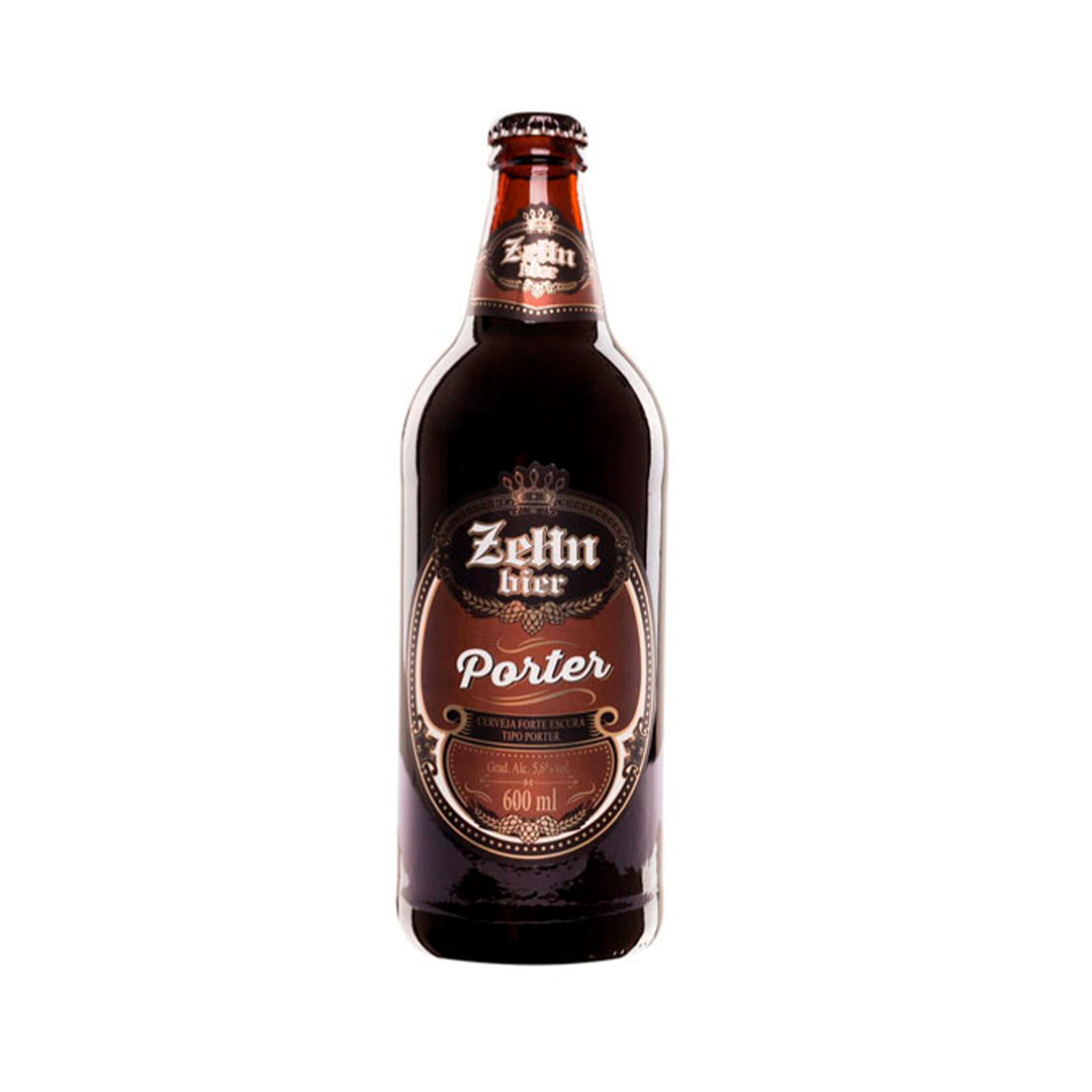 Uma garrafa de cerveja porter em um fundo branco.