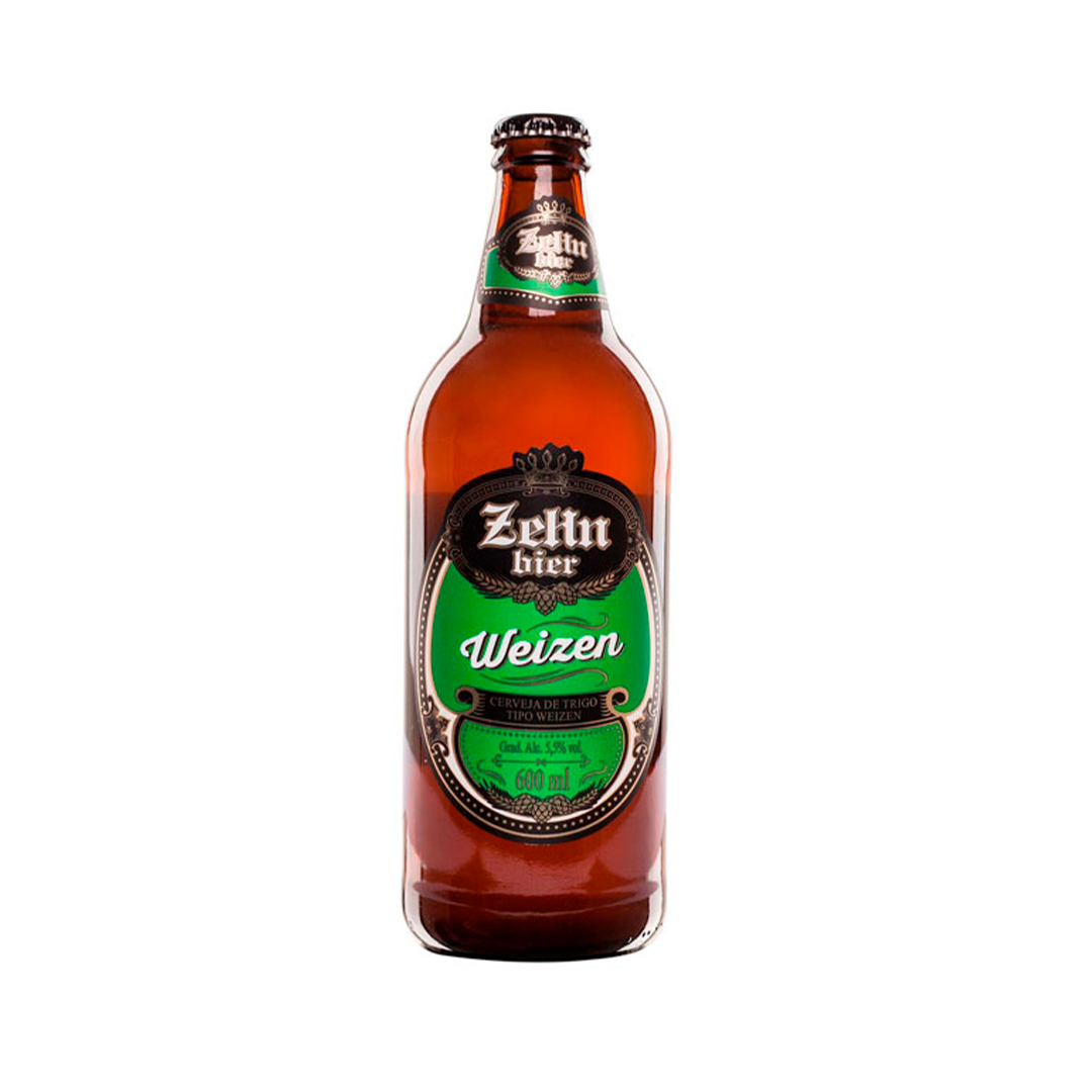 Uma garrafa de cerveja weizen com rótulo verde sobre fundo branco.