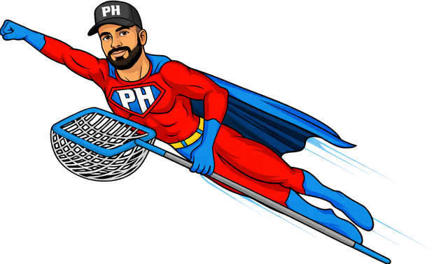 A cartoon of a superhero flying through the air with a net.