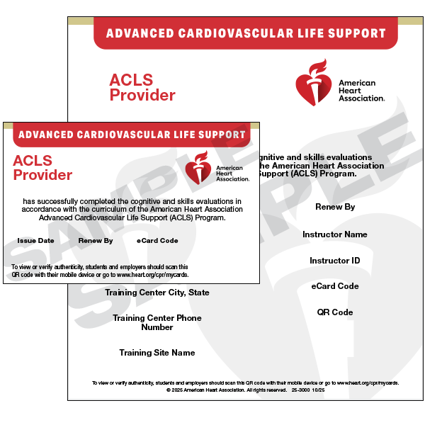 Official AHA ACLS Provider card, issued same day, verifiable at ecards.heart.org Genuine American Heart Association ACLS Provider certification card, issued same day at Cardiac Edge