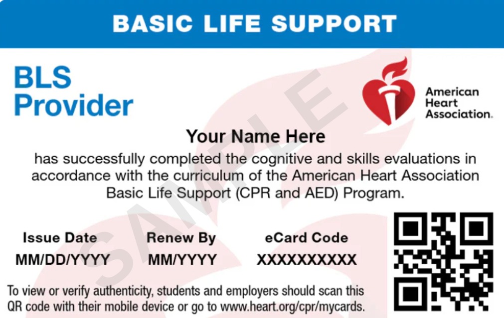 Official AHA BLS Provider certification — issued same day, verifiable at ecards.heart.org Genuine American Heart Association BLS Provider certification card — issued same day at Cardiac Edge
