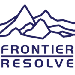 A logo for frontier resolve with mountains in the background.