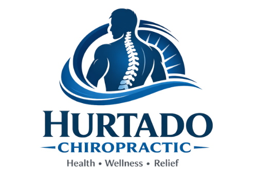 Logo for Hurtado Chiropractic: Man with highlighted spine, blue and white circular design. 