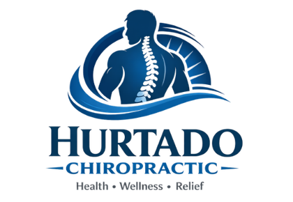 Logo for Hurtado Chiropractic: Man with highlighted spine, blue and white circular design.