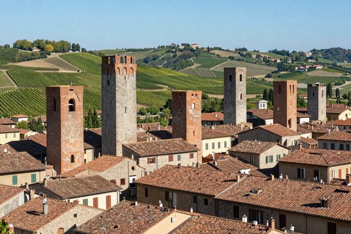 Borgo medievale arroccato su una collina, con tetti in tegole rosse e diverse torri di pietra sotto un cielo limpido