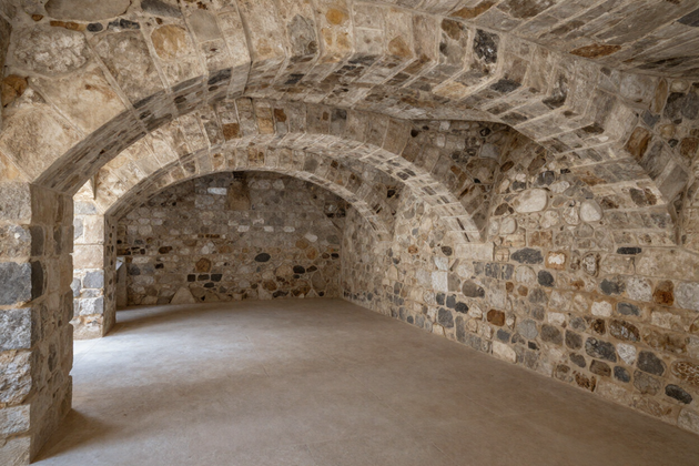 Camera in pietra con volta ad arco, pareti grezze e pavimento spoglio, illuminata delicatamente da sinistra
