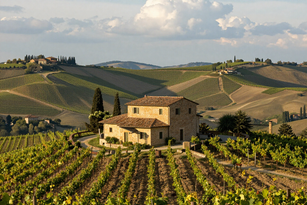 Casale toscano tra vigneti ondulati e colline baciate dal sole