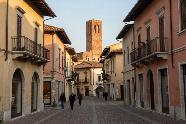 Strada acciottolata fiancheggiata da edifici antichi, con persone che passeggiano e un’alta torre di pietra in lontananza