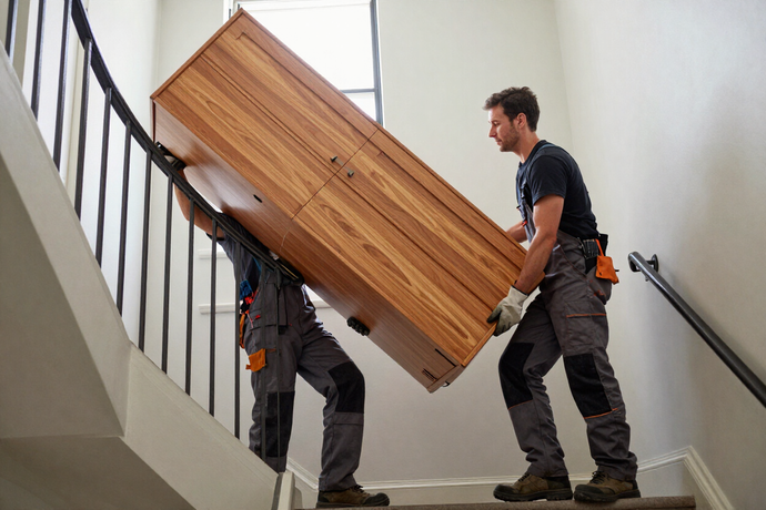 Due traslocatori che portano un grande armadio di legno su per le scale