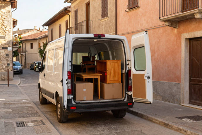 Furgone bianco per le consegne con le porte posteriori aperte in una strada stretta, carico di scatoloni e mobili