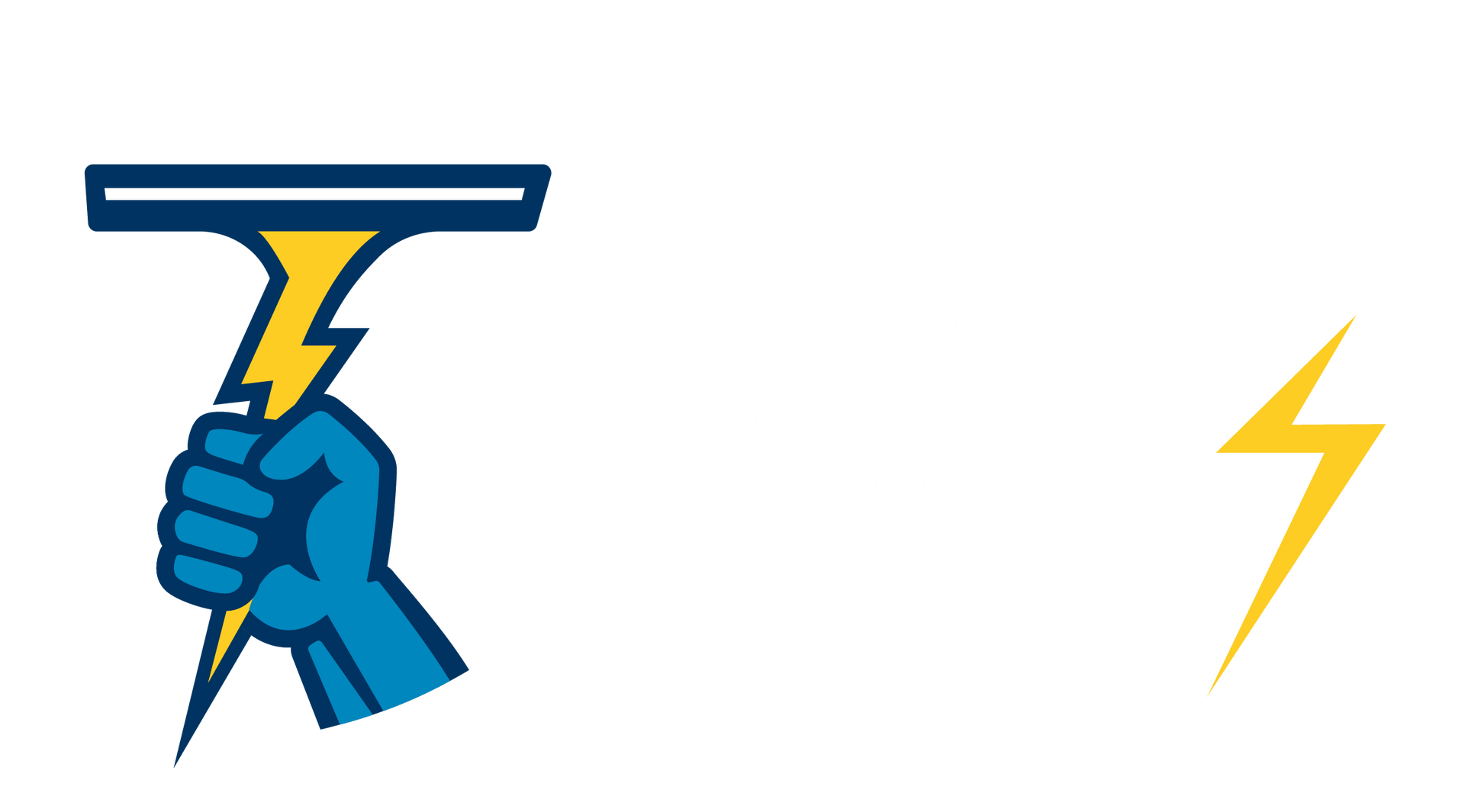 Blue hand holding a yellow lightning bolt, topped with a blue and gray squeegee, and a separate yellow lightning bolt.