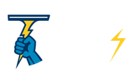 Blue hand holding a yellow lightning bolt, topped with a blue and gray squeegee, and a separate yellow lightning bolt.