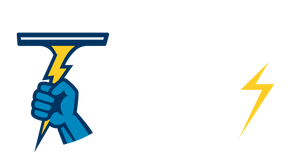 Blue hand holding a yellow lightning bolt, topped with a blue and gray squeegee, and a separate yellow lightning bolt.