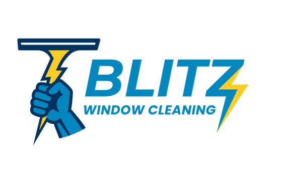 Logo for Blitz Window Cleaning: Blue hand holding yellow lightning bolt, and squeegee. Text: 