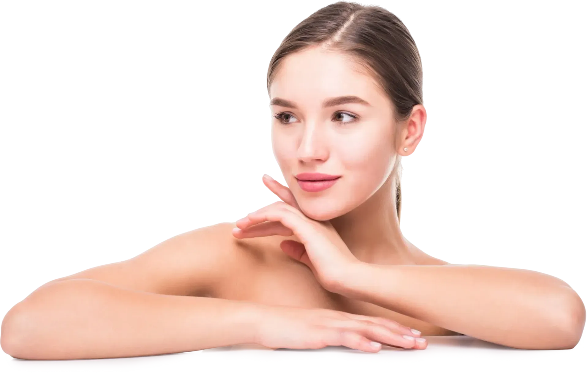 Woman resting chin on folded arms, looking to the side against a white background