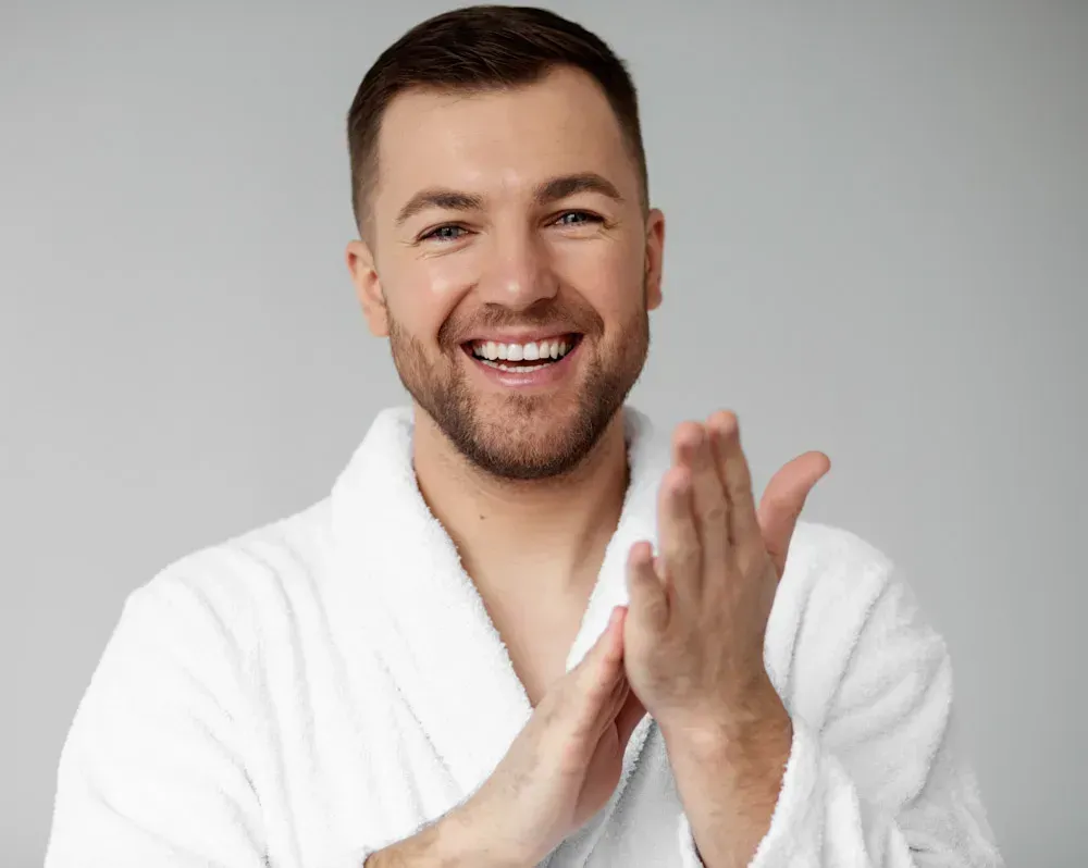 Smiling person in a white robe clapping against a light gray background
