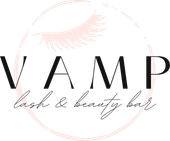 Logo reading &ldquo;VAMP&rdquo; with delicate pink makeup brush graphic and script tagline &ldquo;lash & beauty bar&rdquo;