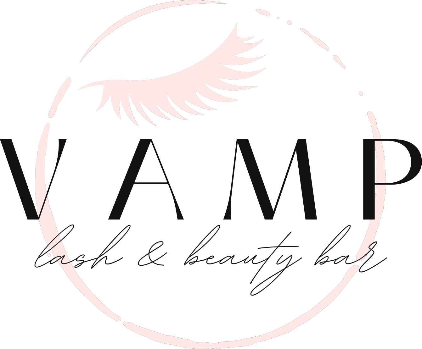 Logo reading &ldquo;VAMP&rdquo; with delicate pink makeup brush graphic and script tagline &ldquo;lash & beauty bar&rdquo;