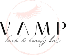 Logo reading &ldquo;VAMP&rdquo; with delicate pink makeup brush graphic and script tagline &ldquo;lash & beauty bar&rdquo;