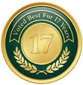 Gold and green award badge: 