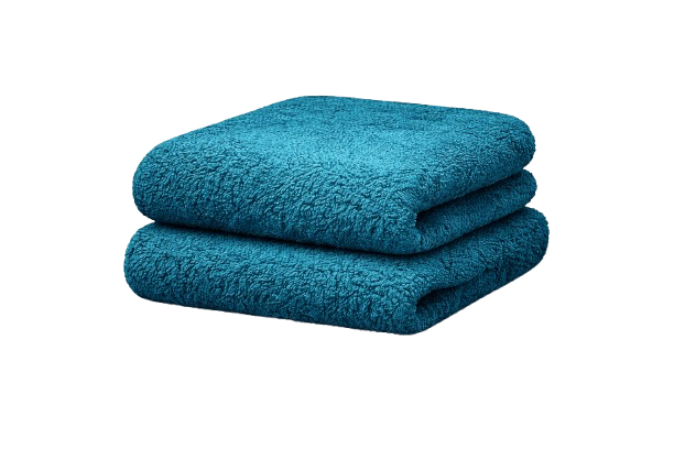 Folded blue towels stacked neatly on a white background