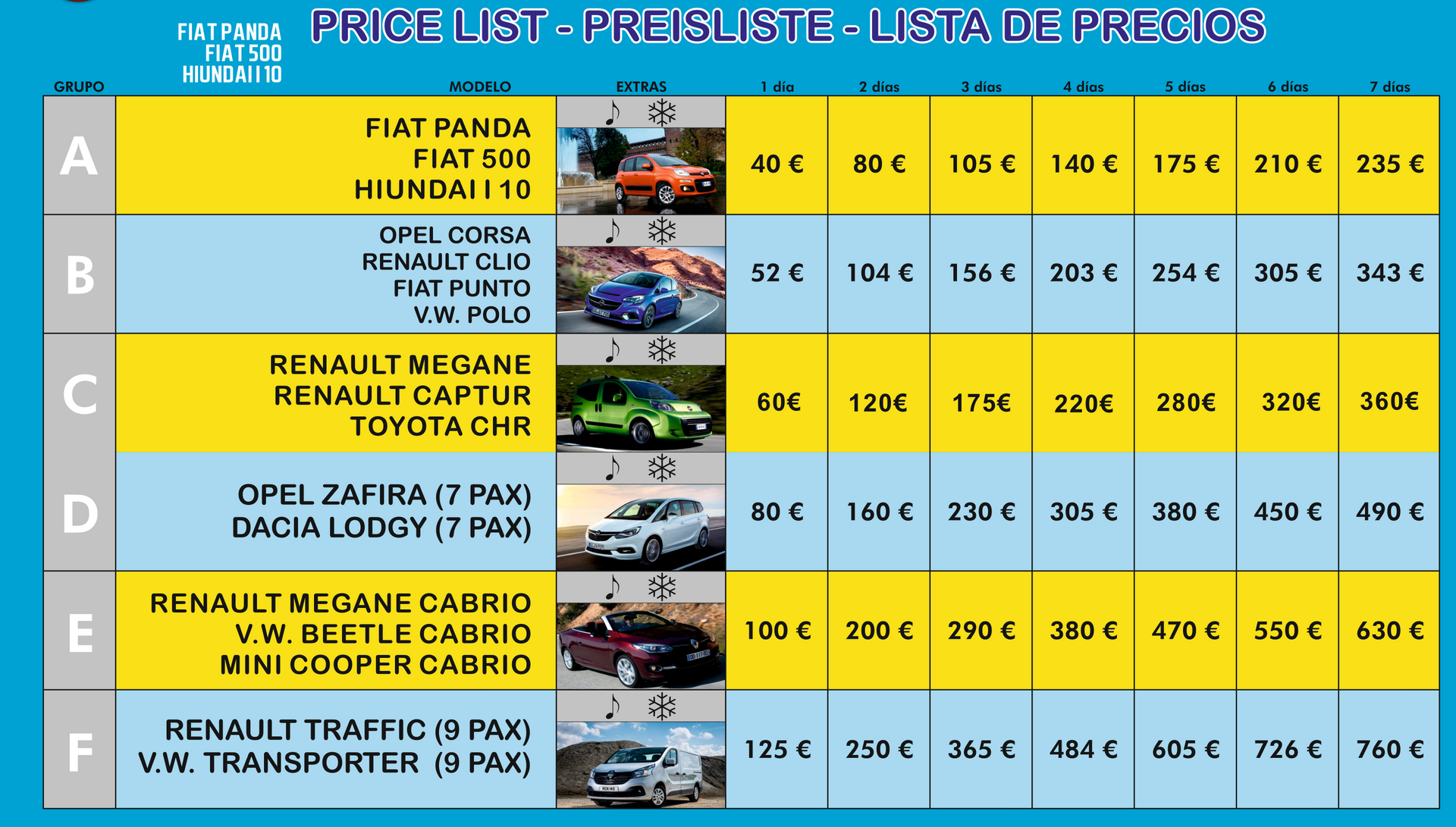 Colorful Portuguese price list table with vehicle models, photos, and Euro prices on blue and yellow background.