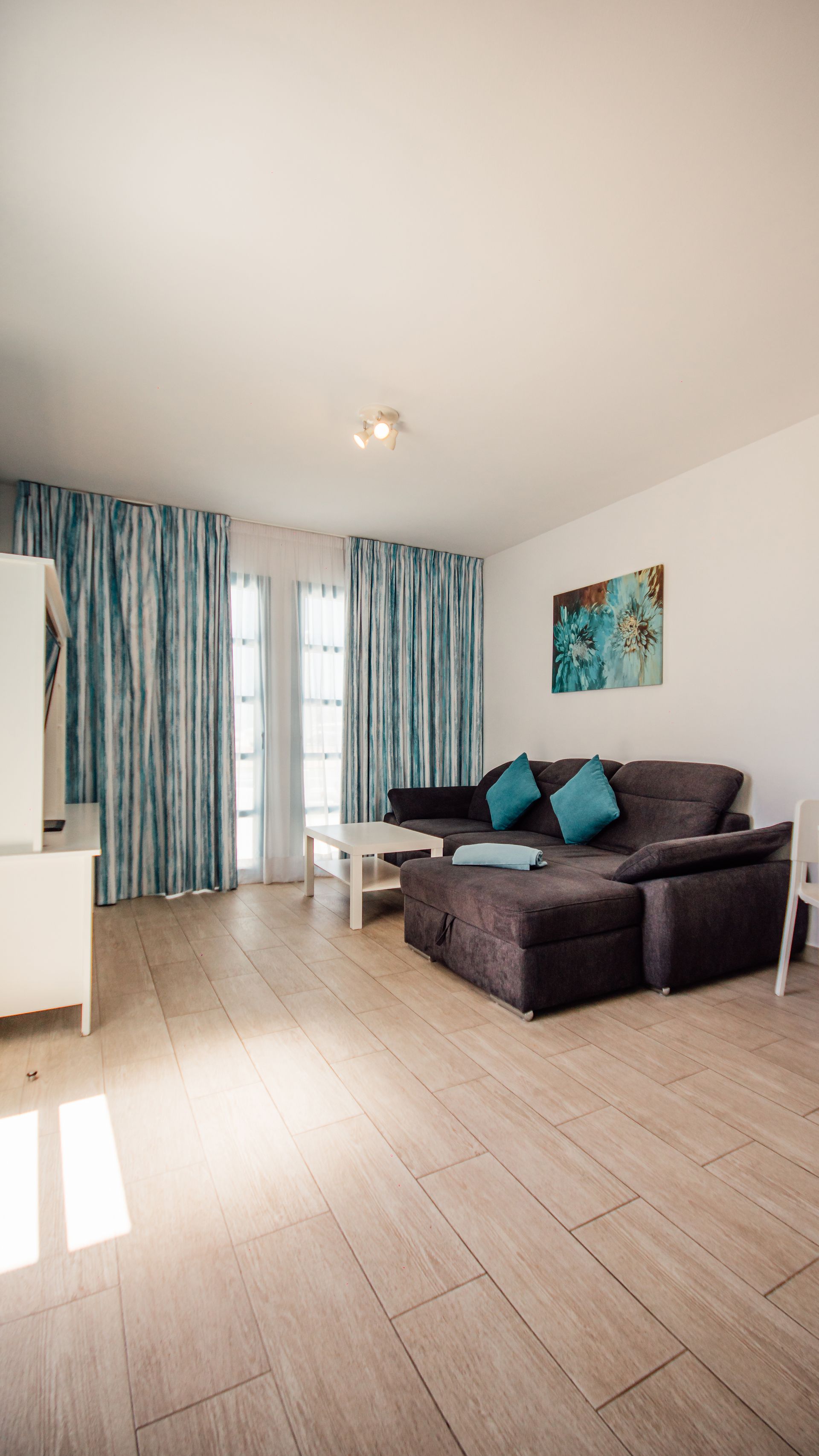 Bright living room with gray sofa, teal cushions, blue curtains, and light wood floors