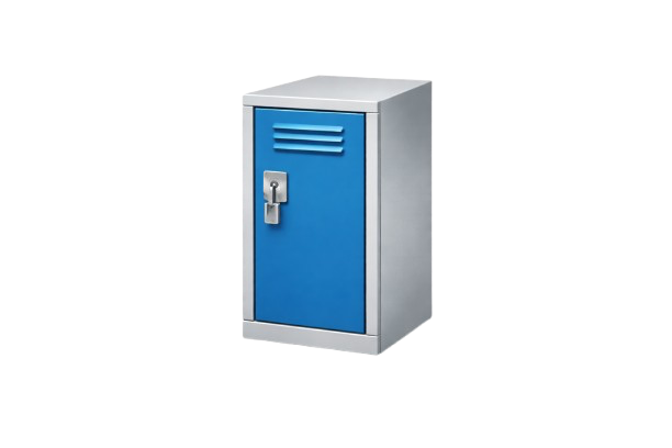 Blue metal locker cabinet with a silver door and vented top panel
