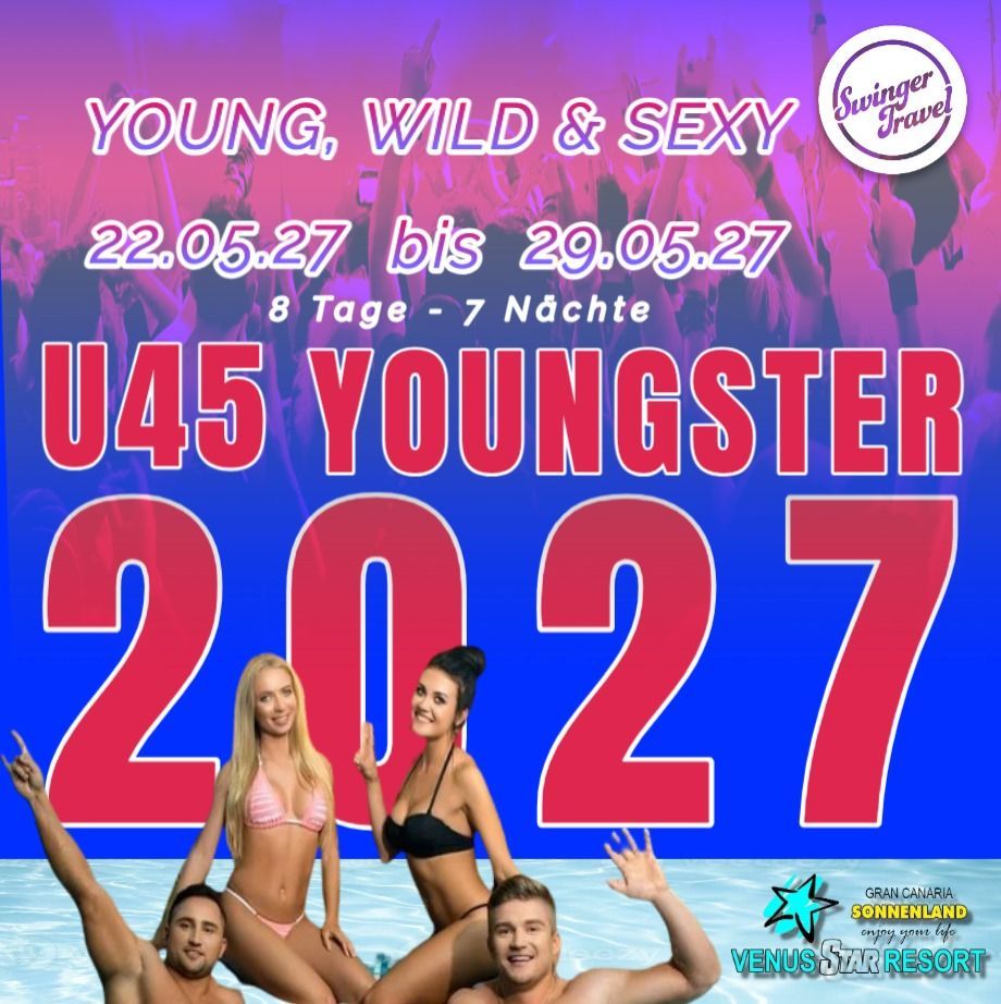 Promotional poster for U45 Youngster 2027 with neon pink-blue background and club crowd silhouettes