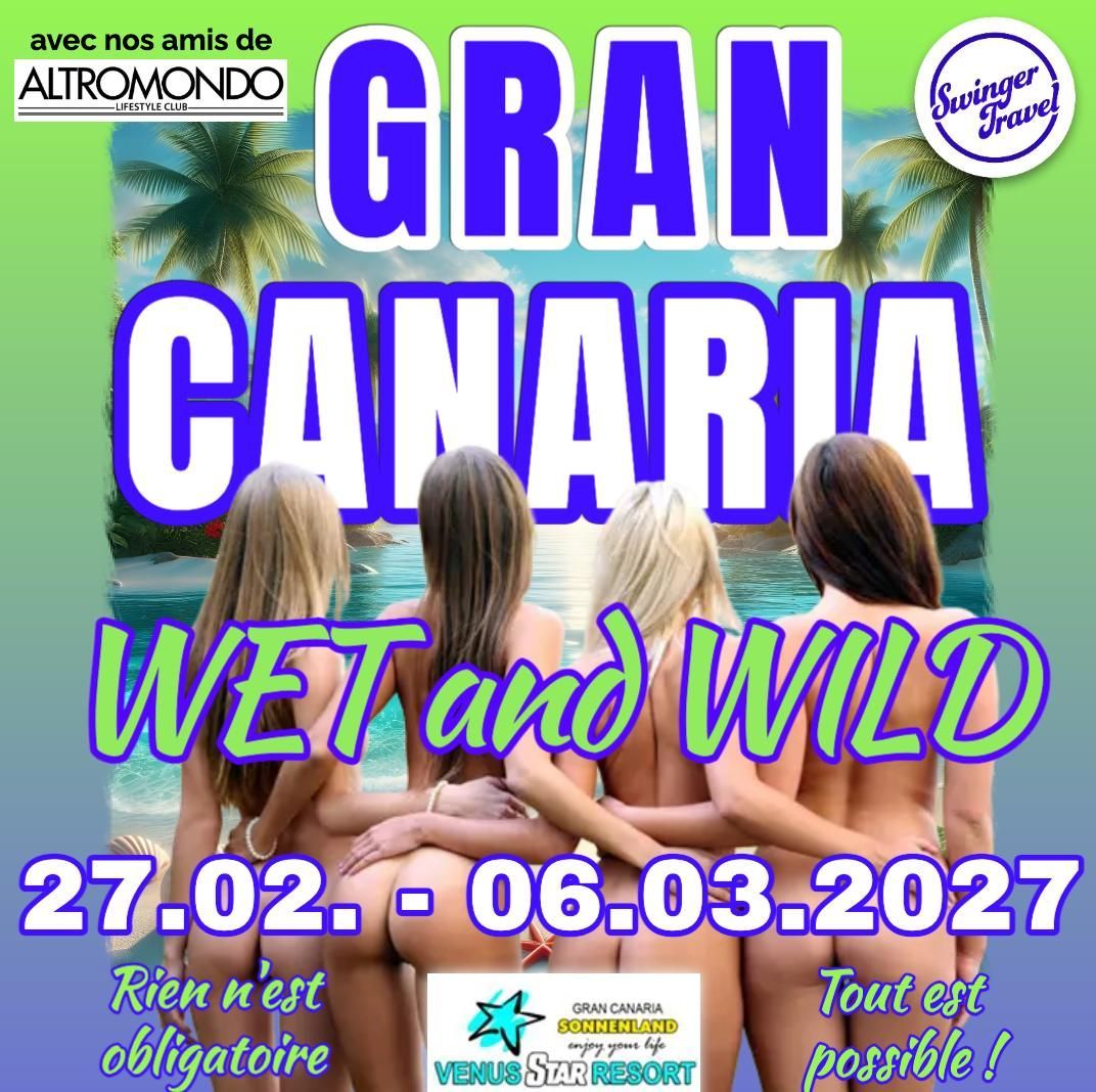 Poster for Gran Canaria “Wet and Wild” event, 27.02–06.03.2027, with palm trees and beach scene