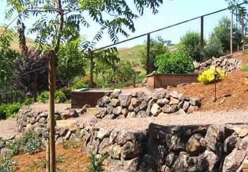 Rock-lined garden path with stone steps, wire fence, and green shrubs on a sunny hillside