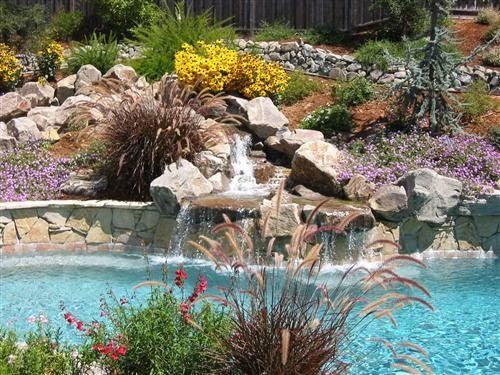 Backyard pool with waterfall, rocks, and colorful flowers in a landscaped garden