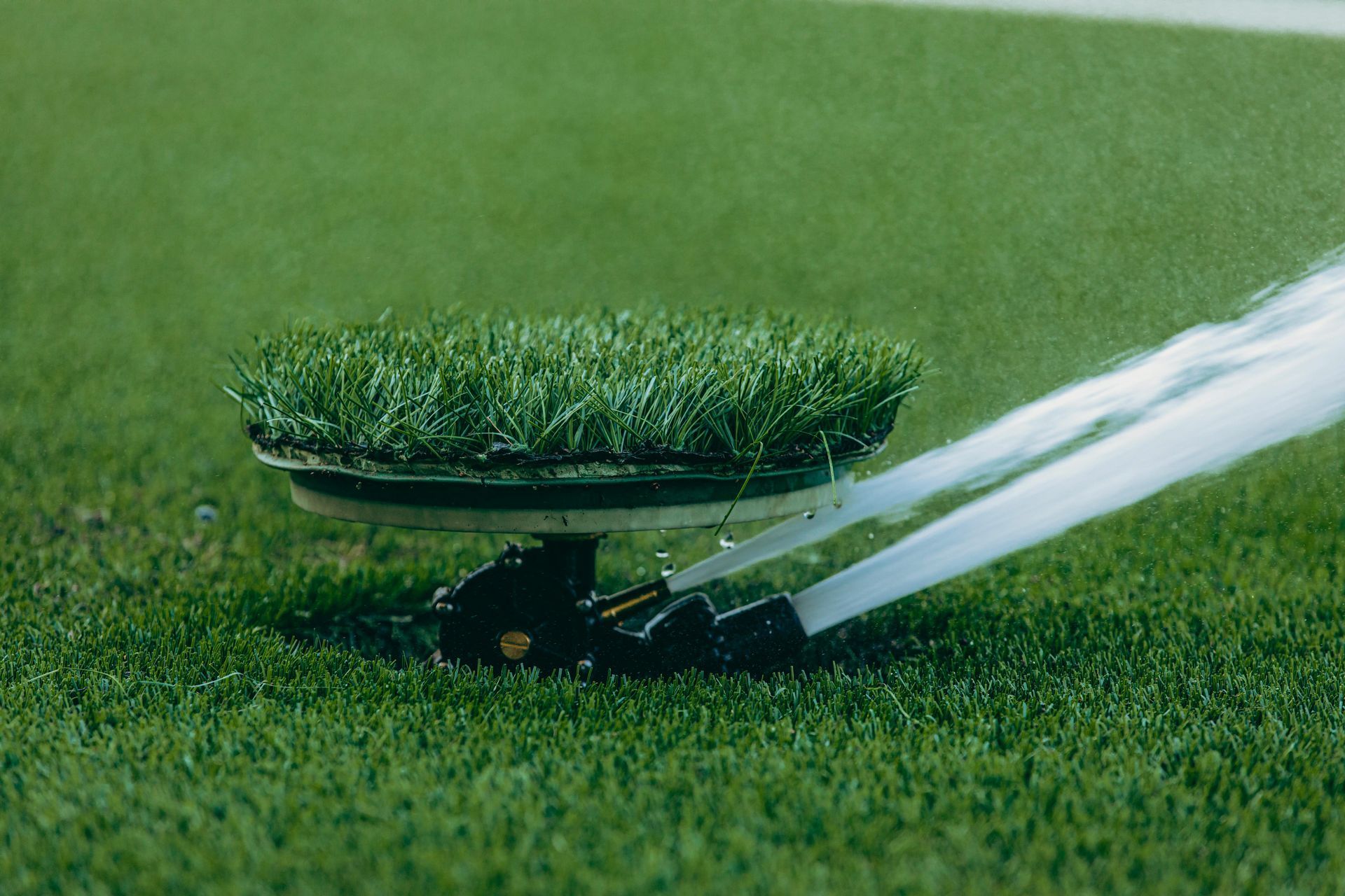 A sprinkler with a patch of green grass on top sprays water onto a lawn.