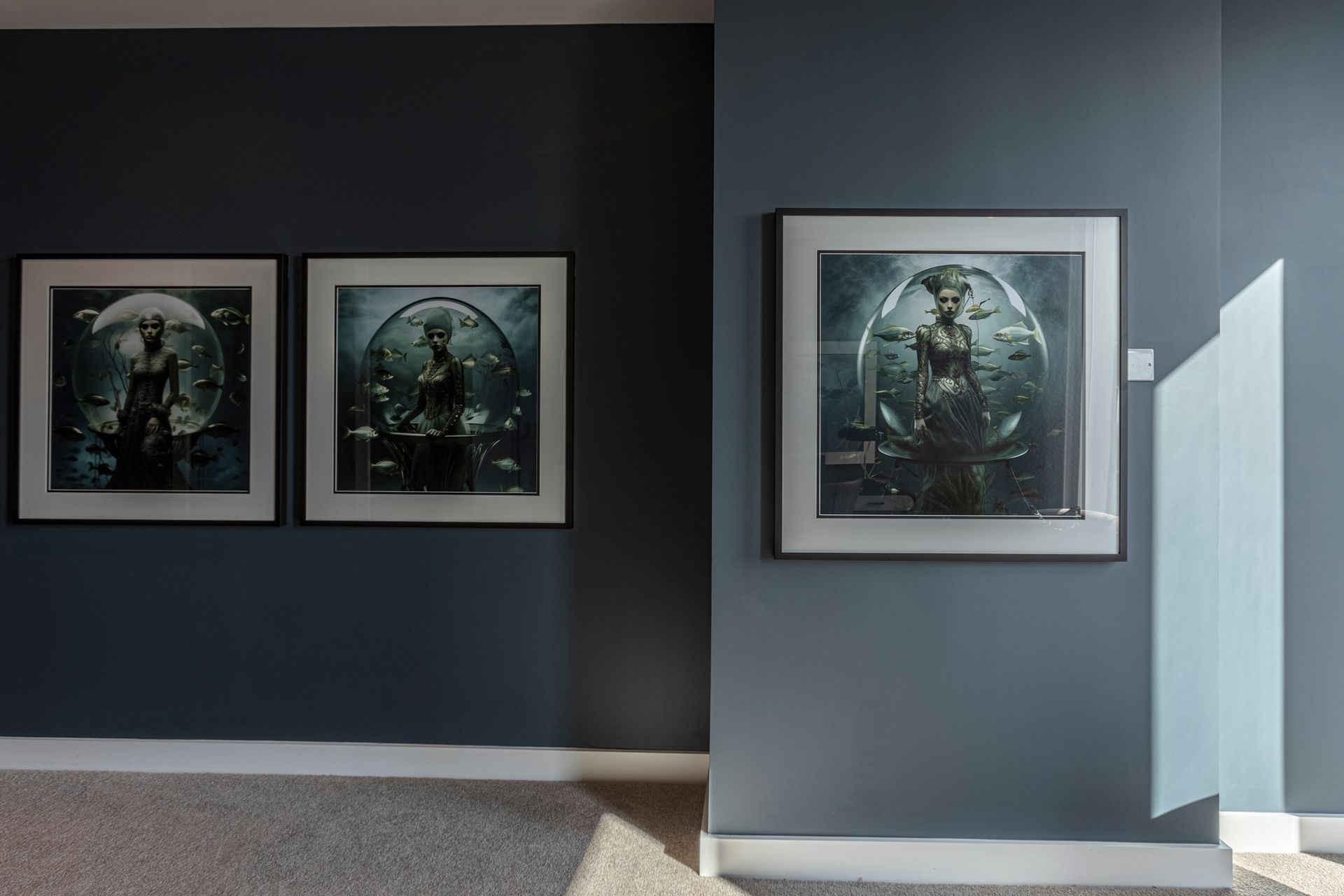 Two dark framed art prints with figures on a gray wall. One print is visible from a side angle.