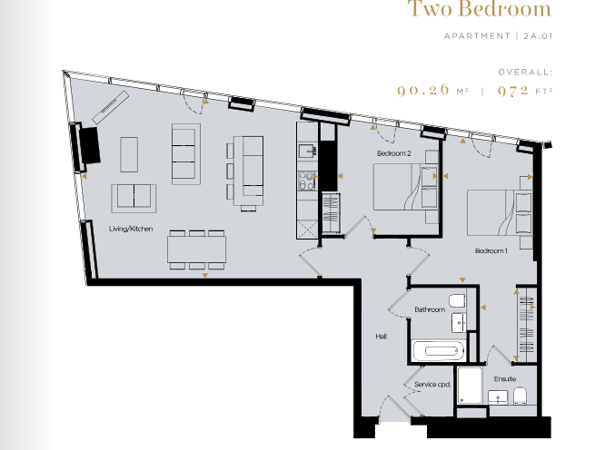 Floor plan of a two-bedroom apartment, with living/dining area, kitchen, two bedrooms, and bathroom.