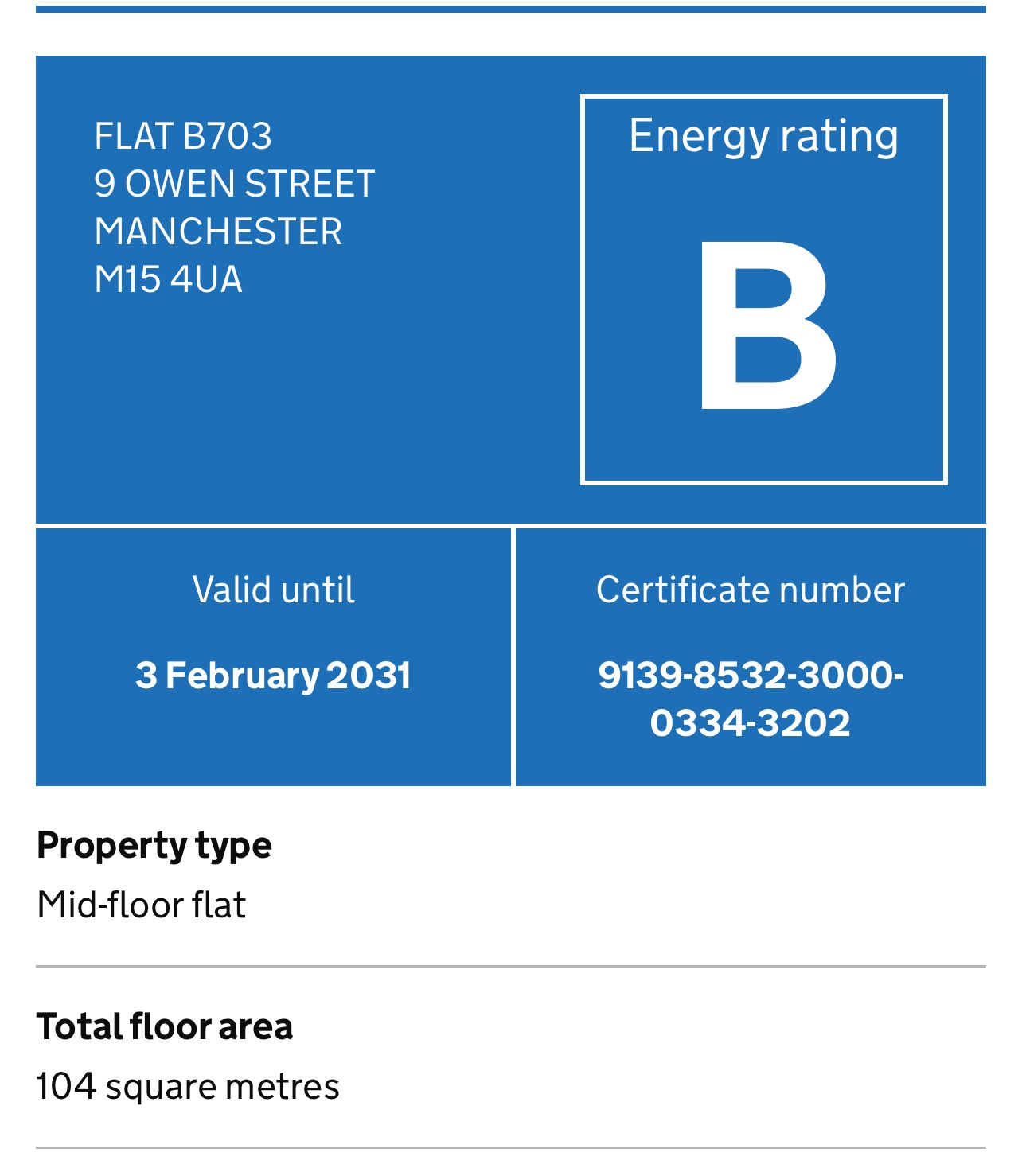 Energy performance certificate for a mid-floor flat at 9 Owen Street, Manchester, with a B rating, valid until 2031.