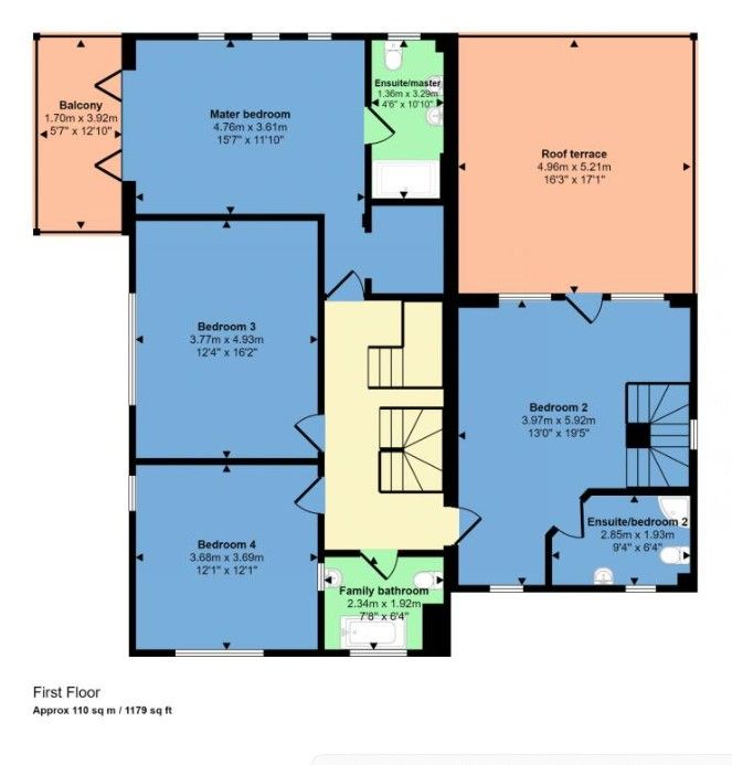 Floor plan of a first-floor layout with four bedrooms, two bathrooms, a balcony, and a roof terrace.
