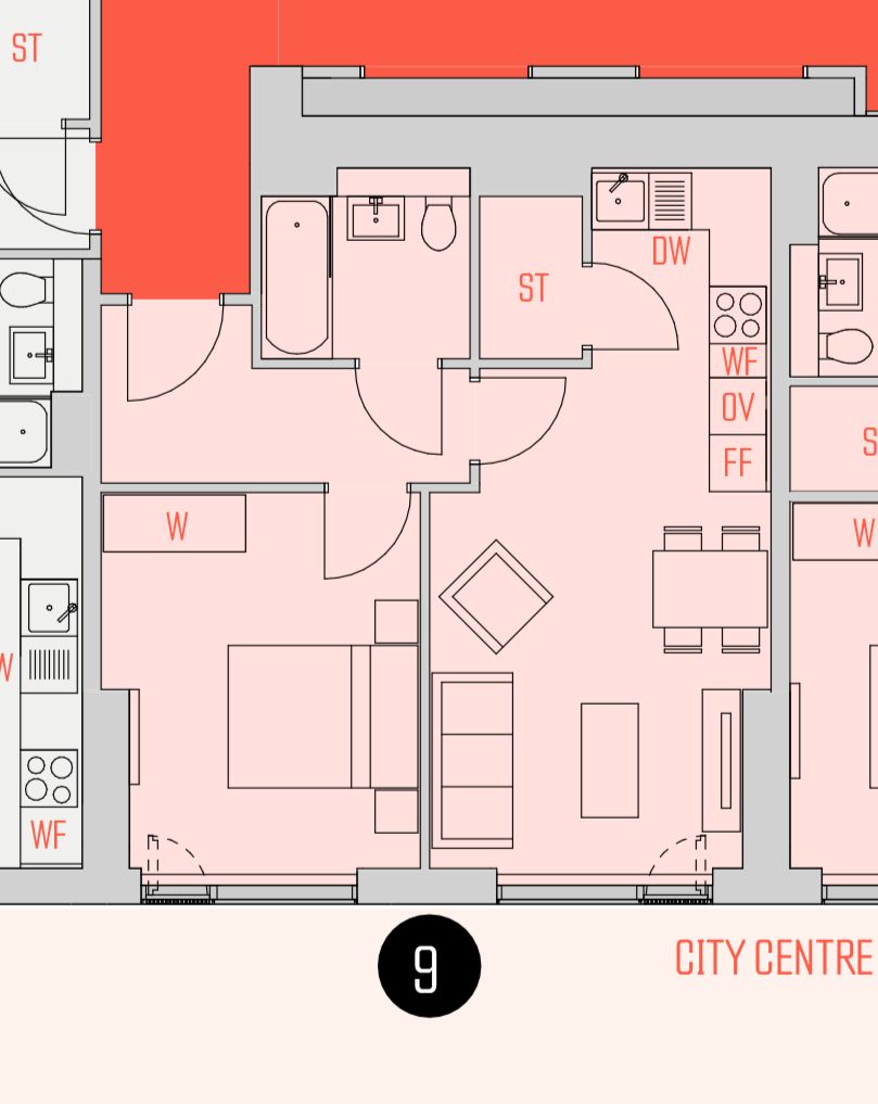 Floor plan of an apartment unit with kitchen, bedroom, bathroom, and living area. Marked with