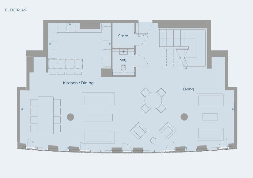 Floor plan of an apartment with kitchen/dining, living area, WC, store, and stairs.
