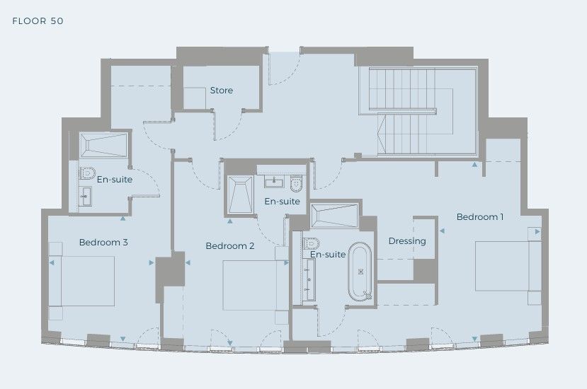 Floor plan of a residence with bedrooms, bathrooms, and stairs; gray lines on a light blue background.