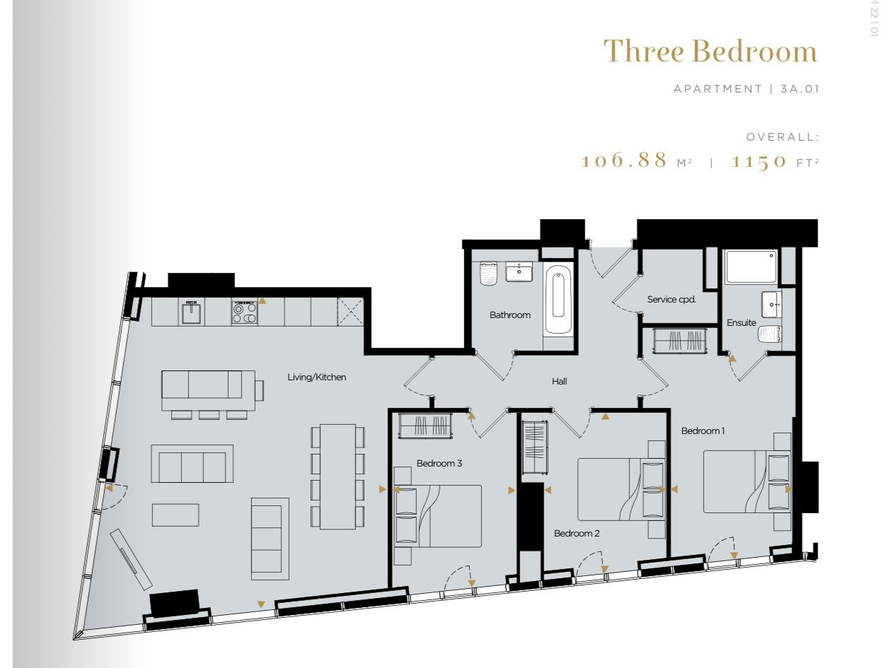 Floor plan of a three-bedroom apartment, with dimensions and layout details.