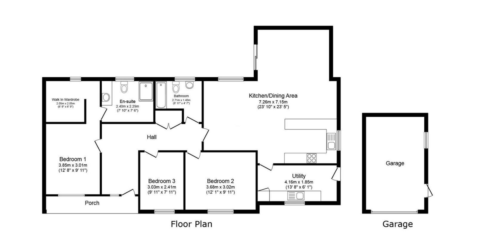 Floor plan of a house with four rooms and a detached garage, labeled and with dimensions.