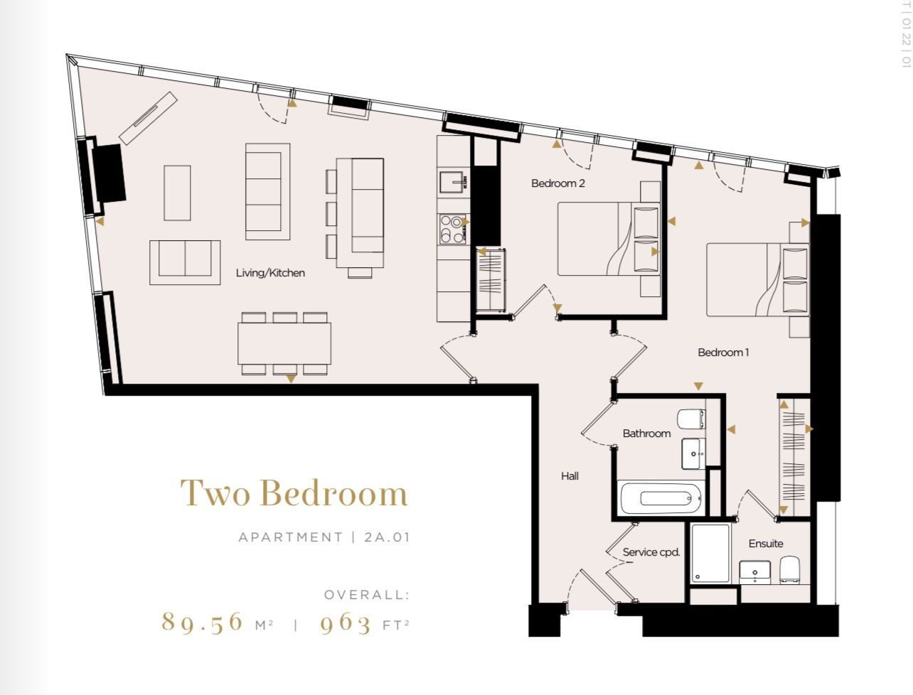 Floor plan of a two-bedroom apartment, showing layout of rooms, including living/dining area, kitchen, bedrooms, and bathrooms.