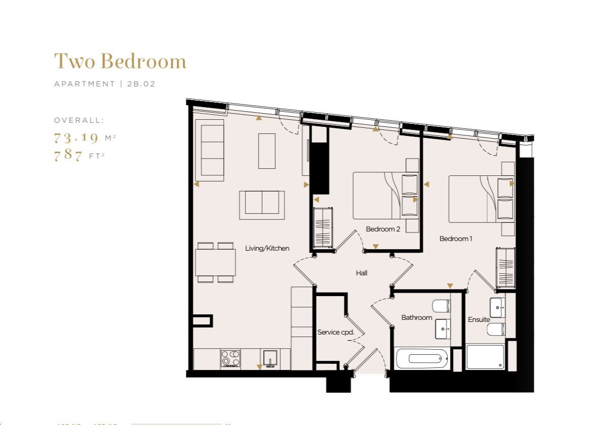Floor plan of a two-bedroom apartment, showing rooms and dimensions in square meters and feet.