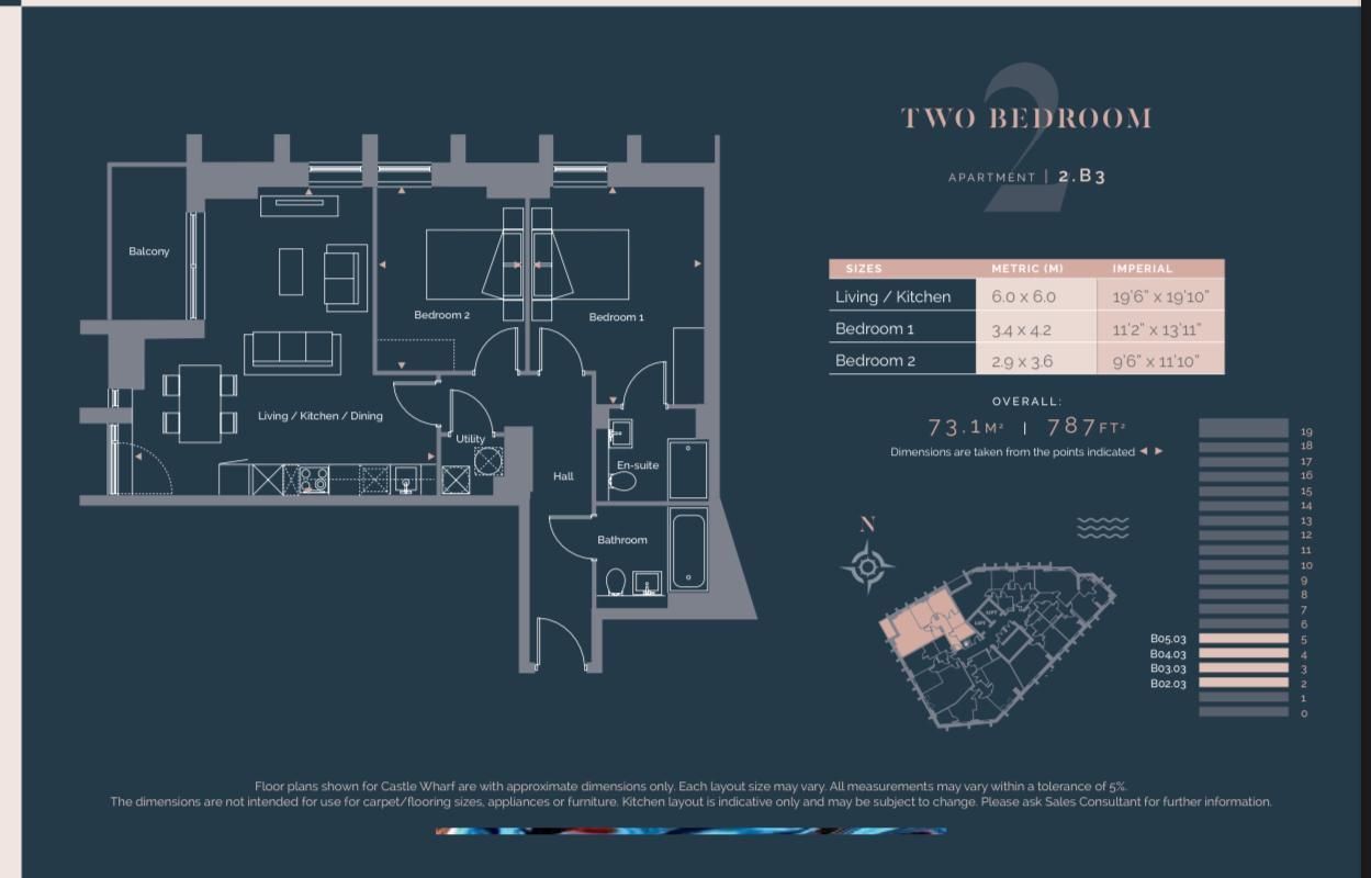 Floor plan of a two-bedroom apartment, with room dimensions and layout details on a dark teal background.