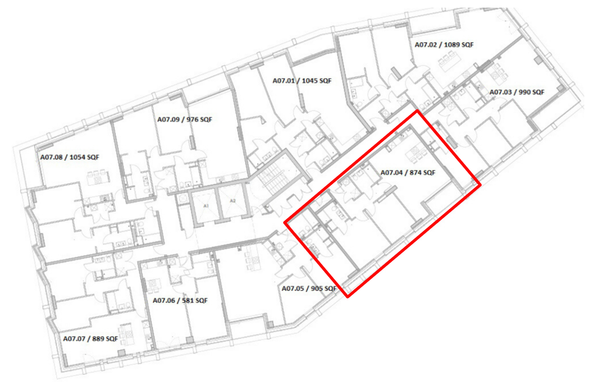 Floor plan of a building; a unit is highlighted in red, with room layouts and area measurements shown.