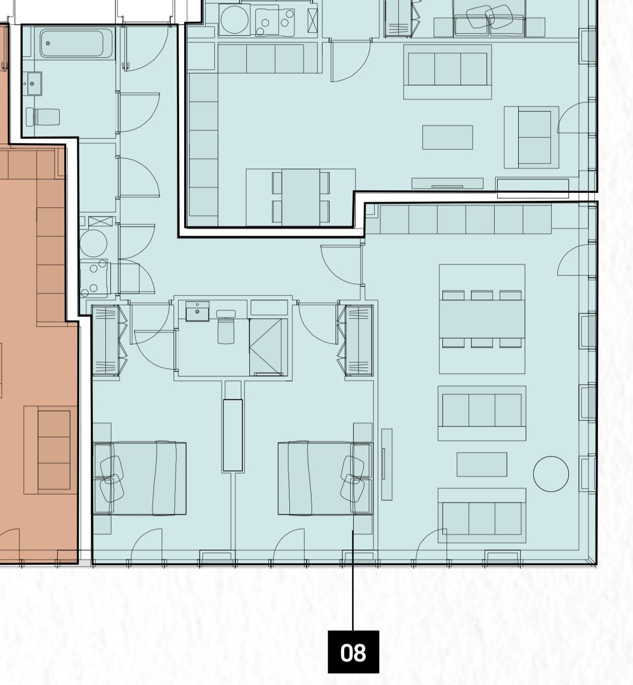 Floor plan of an apartment with a blue and orange color scheme, showing rooms and furnishings. The number 08 is present.